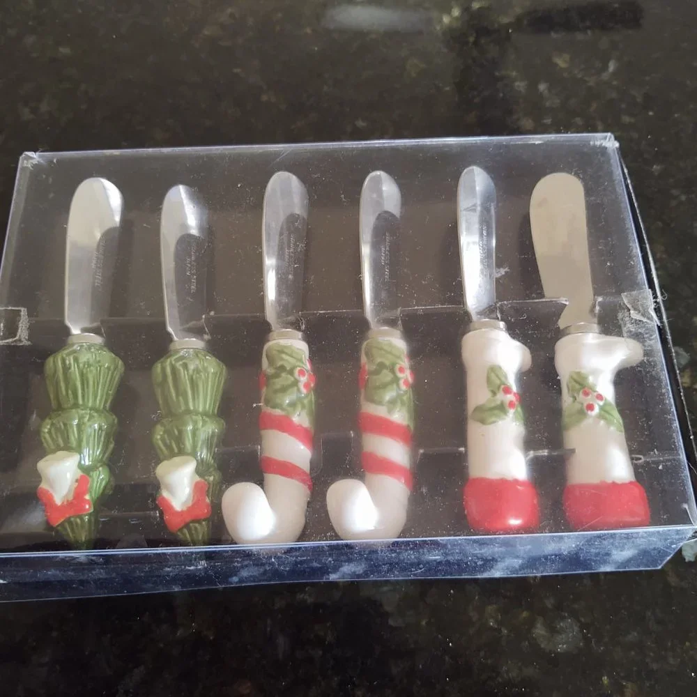 Vintage 1950s 60s Set of Novelty Christmas Theme Butter Spread Knives - Made in
